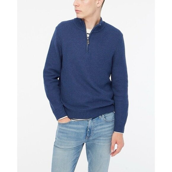 J Crew Mens Sweater Sz Medium Blue Cotton Honeycomb Knit Half Zip Pullover - Picture 1 of 3